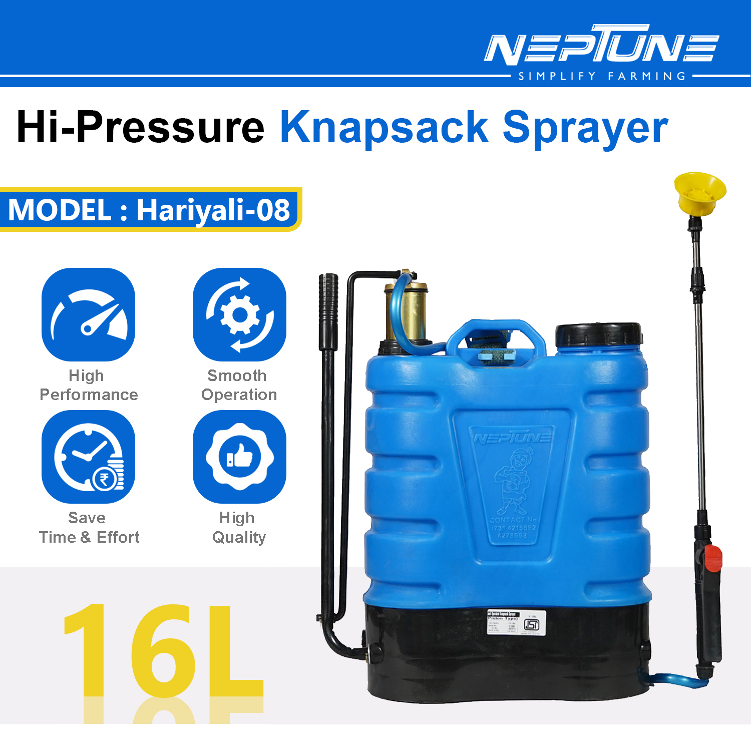 Neptune Hariyali-08, Knapsack Manual Hand Operated Garden Sprayer 16 Liter Suitable For Garden, Agriculture Spraying - Image 2